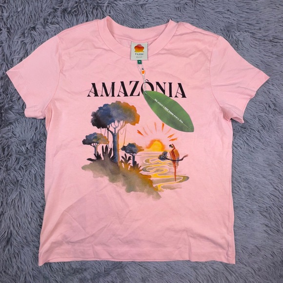 FARM Rio "AMAZONIA" Pink Graphic T-Shirt Womens Medium Organic Cotton Casual Tee - Picture 8 of 9